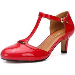 fereshte Women's Men's Mary Jane T-Strap Round Toe Mid Kitten Heel Pumps Shoes