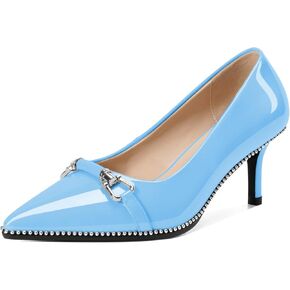Women Low Kitten Heel Pumps Slip On 2.5 Inches Closed Pointed Toe Beaded Metal Buckle Shoes