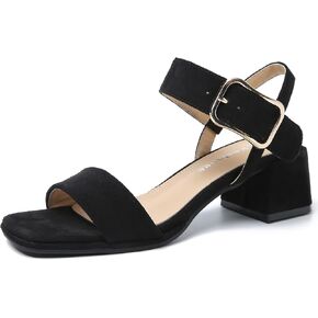 Enelauge Women's Square Open Toe Ankle Strap Buckle Sandals Low Block Chunky Heels Comfortable Office Wedding Dress Pump Shoes