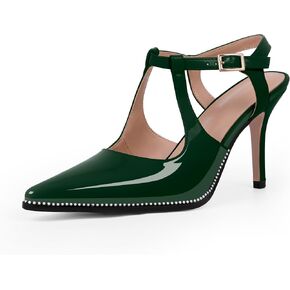 Women's Patent Leather T-Strap Stilettos High Heels Closed Pointed Toe Buckle Strap Dress Shoes Sexy Pumps