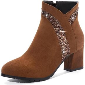 Woman Fashion Block Chunky Heel Ankle Booties Round Toe Side Zipper Dress Boots