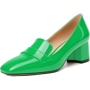 MODENCOCO Womens Fashion Slip On Casual Comfortable Square Toe Patent Chunky Low Heel Loafers Shoes 2 Inch