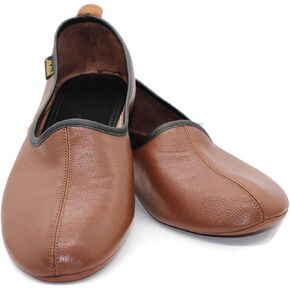Women's Indoor Leather Slippers Brown Traditional Babouche House Shoes Moccasin