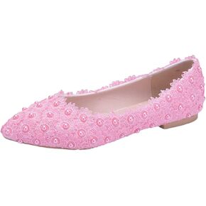 Womens Elegant Pointed Toe Flower Lace Pearls Bridal Shoes Pumps Soft Sole Ballet Flats