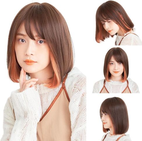 Synthetic Hair Inner Color Casual Bob Wig - Glueless, Heat-Resistant, Natural Crown & Comfortable Stretch Cap (Chocolate Brown & Coral Veil, M) in Saudi Arabia