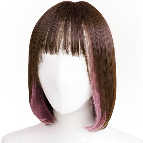 Synthetic Hair Inner Color Casual Bob Wig - Glueless, Heat-Resistant, Natural Crown & Comfortable Stretch Cap (Chocolate Brown & Coral Veil, M) in Saudi Arabia