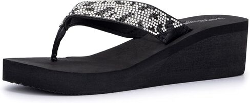 Olivia Miller Women’s Fashion Ladies Shoes, Avalon PU Vegan Leather Bling Sparkling Jewel Rhinestones Flip Flops T-Strap Thong Style Slip On Casual Dressy Summer Beach 2 Inch EVA Platform in Saudi Arabia