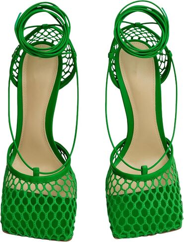 Mesh Heels for Women, Wrap-up Heels Square Toe Stiletto High Heel Strappy Heeled Sandals Sexy Lace Up Fishnet Heels in Saudi Arabia