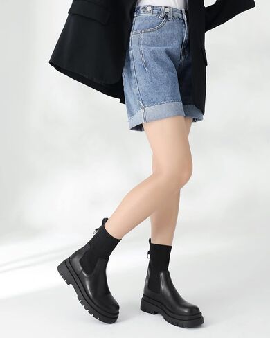 Shoe'N Tale Women's Chelsea Ankle Boots Platform Elastic Lug Sole Non-Slip Round Toe Slip-on Sock Booties in Saudi Arabia