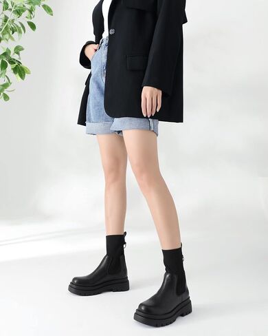 Shoe'N Tale Women's Chelsea Ankle Boots Platform Elastic Lug Sole Non-Slip Round Toe Slip-on Sock Booties in Saudi Arabia
