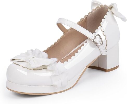 Women's Bow Platform Mary Jane Pumps Kawaii Ankle Strap Patent Leather Block Chunky Heel Ruffles Closed Toe Party Shoes in Saudi Arabia