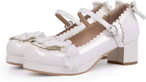 Women's Bow Platform Mary Jane Pumps Kawaii Ankle Strap Patent Leather Block Chunky Heel Ruffles Closed Toe Party Shoes in Saudi Arabia