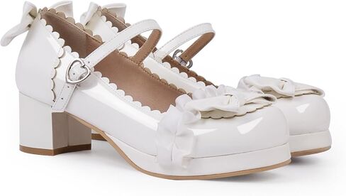 Women's Bow Platform Mary Jane Pumps Kawaii Ankle Strap Patent Leather Block Chunky Heel Ruffles Closed Toe Party Shoes in Saudi Arabia