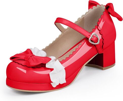 Women's Bow Platform Mary Jane Pumps Kawaii Ankle Strap Patent Leather Block Chunky Heel Ruffles Closed Toe Party Shoes in Saudi Arabia