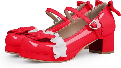 Women's Bow Platform Mary Jane Pumps Kawaii Ankle Strap Patent Leather Block Chunky Heel Ruffles Closed Toe Party Shoes in Saudi Arabia