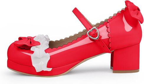 Women's Bow Platform Mary Jane Pumps Kawaii Ankle Strap Patent Leather Block Chunky Heel Ruffles Closed Toe Party Shoes in Saudi Arabia