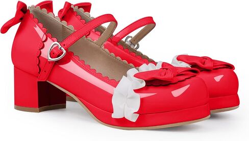 Women's Bow Platform Mary Jane Pumps Kawaii Ankle Strap Patent Leather Block Chunky Heel Ruffles Closed Toe Party Shoes in Saudi Arabia