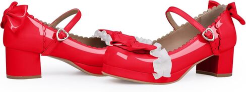 Women's Bow Platform Mary Jane Pumps Kawaii Ankle Strap Patent Leather Block Chunky Heel Ruffles Closed Toe Party Shoes in Saudi Arabia