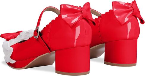 Women's Bow Platform Mary Jane Pumps Kawaii Ankle Strap Patent Leather Block Chunky Heel Ruffles Closed Toe Party Shoes in Saudi Arabia