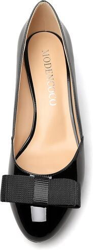 MODENCOCO Women's Round Toe Bow Slip On Patent Chunky Low Heel Pumps Office Work Dress Shoes 2 Inch in Saudi Arabia