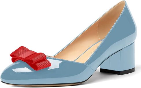 MODENCOCO Women's Round Toe Bow Slip On Patent Chunky Low Heel Pumps Office Work Dress Shoes 2 Inch in Saudi Arabia