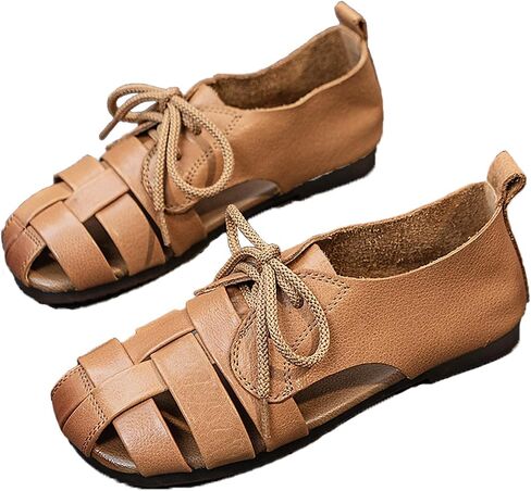 Women's Genuine Leather Lace up Hollow Fisherman Sandals Fashion Summer Soft Sole flat Anti-Slip Closed Round Toe Gladiator Woven Comfortable causal Walking Beach Sport Sandals in Saudi Arabia