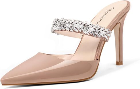 MUCCCUTE Women High Heels Sandals Mules Rhinestone Strap Strappy Nude Slingback Heels Pointed Toe Slip on Spool Shoes, 10 in Kuwait