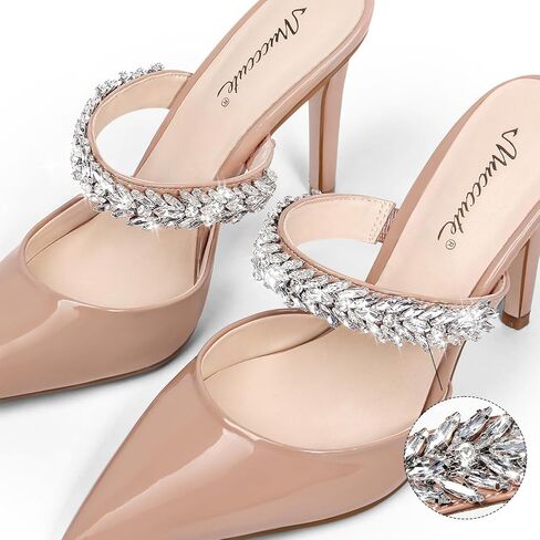 MUCCCUTE Women High Heels Sandals Mules Rhinestone Strap Strappy Nude Slingback Heels Pointed Toe Slip on Spool Shoes, 10 in Kuwait