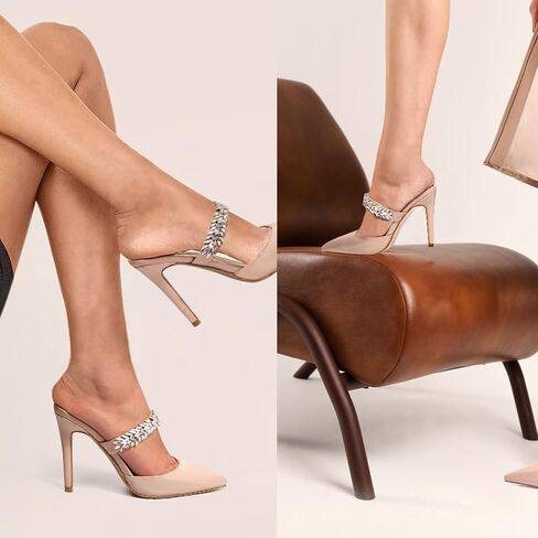 MUCCCUTE Women High Heels Sandals Mules Rhinestone Strap Strappy Nude Slingback Heels Pointed Toe Slip on Spool Shoes, 10 in Kuwait