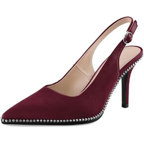 SAMMITOP Women's Slingback Heels Pointed Toe Stiletto High Heel Rhinestone Beaded Pumps 3.5 Inch Satin Wedding Party Dress Shoes