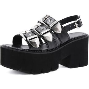 Women's Platform Open Toe Goth Sandals,Adjustable Ankle Buckle Comfortable Chunky High Heeled Fisherman Sandals Classic Non-Slip Punk Party Sandals