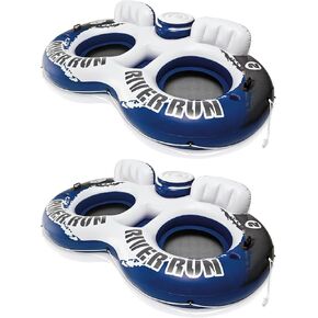 Intex River Run II Model 58837EP 18 Gauge Lightweight Durable Water Tube Float Raft Lounger with Built in Cooler and Cup Holder