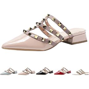 Women's Patent Leather Closed Pointed Toe Rivet Heeled Sandals Fashion Multi Band Studded Slingback Chunky Mid Heel Work Pumps Slippers