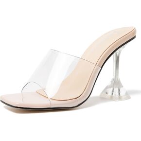 MAIERNISI JESSI Women's Clear Heels Sandals Square Toe High Stiletto Mules Slip on Wedding Dress Heel