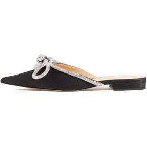 Women's Flat Mules, Pointed Toe Backless Loafer Shoes Rhinestone Bowknot Slip on Mule Slides