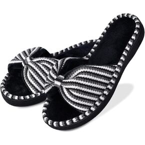 DL Women's Memory Foam Open Toe Slide Slippers with Cute Bow and Cozy Terry Lining, Slip-on House Shoes Spa Mules Sandals with Indoor Outdoor Rubber Sole, Black, 11-12