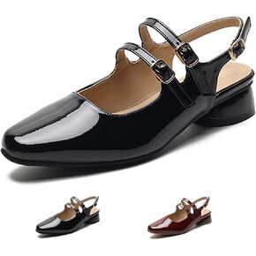 Women's Chunky Low Heel Slingback Mary Janes,Closed Round Toe Sexy Adjustable Ankle Buckle Slip On Sandals Dressy Party Wedding Fashion Pumps