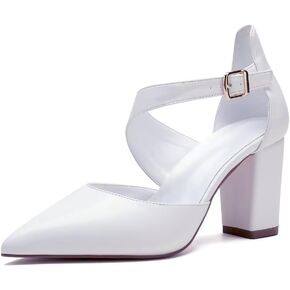 Block Heel Wedding Shoes for Bride Closed Toe Bridal Shoes Ankle Strap Wedding Chunky Heels