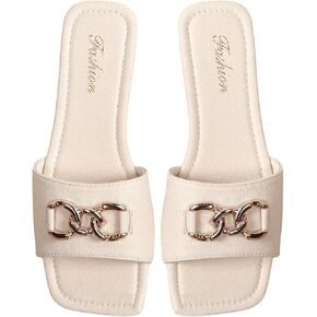 GORGLITTER Women's Chain PU Leather Dressy Flat Sandals Square Open Toe Slip on Beach Summer Slide Sandals