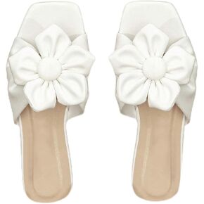 GORGLITTER Women's Bow Flat Sandals Cute Leather Sandals Square Toe Slip On Slide Sandals