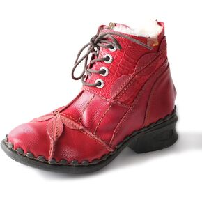 TMA EYES Textured Leather Patchwork Washed Leather Lace-Up Women's Ankle boots