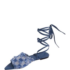 GORGLITTER Women's Lace Up Denim Sandals Pointed Toe Criss Cross Strappy Sandals Cute Checkered Jean Flat Sandals