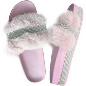 light Slide Slippers for women Slip On heel Flats Platform with Faux Fur Rhinestone Outdoor Indoor Open Toe Sandals