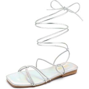 Tilocow Womens Gladiator Strappy Sandals Flats Slides Thong Lace up Dressy Summer Roman Shoes