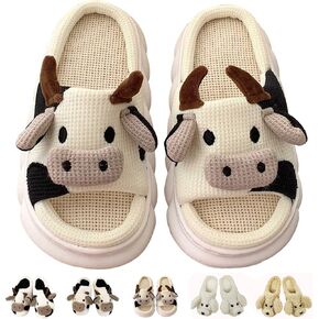 Women's Cute Cow Slippers,Teddy Dog Slippers,Fuzzy Warm Animal Slippers,Cow Plush,Mute Linen Slides,Indoor Outdoor Slippers