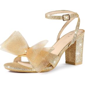 Perphy Glitter Heel Mesh Bow Chunky High Heel Sandal for Women