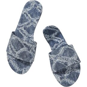 GORGLITTER Women's Denim Sandals Cute Jean Flat Sandals Round Toe Slip On Slide Sandals