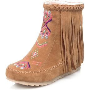 Classic Fringe Moccasin Boots Ankle High Women Low Heel Booties