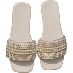 GORGLITTER Women's Pearl Sandals Comfortable Square Toe Dressy Sandals Flat Slides