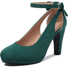 Elerhythm Women's Mary Jane Heels with Bow Retro Closed Round Toe Suede Ankle Strap Pumps Gatsby Vintage Sweet Office Daily Dress Shoes